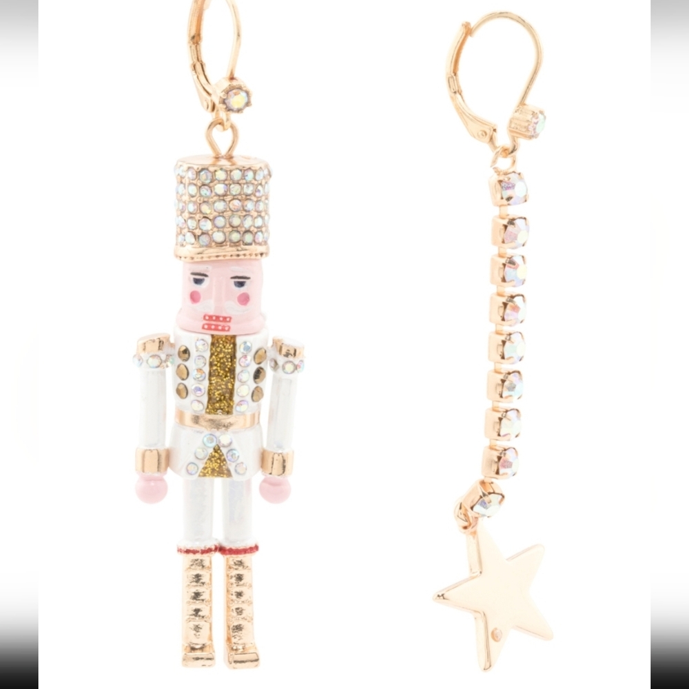 Betsey Johnson Gold and White Nutcracker Dangle Earrings NWT